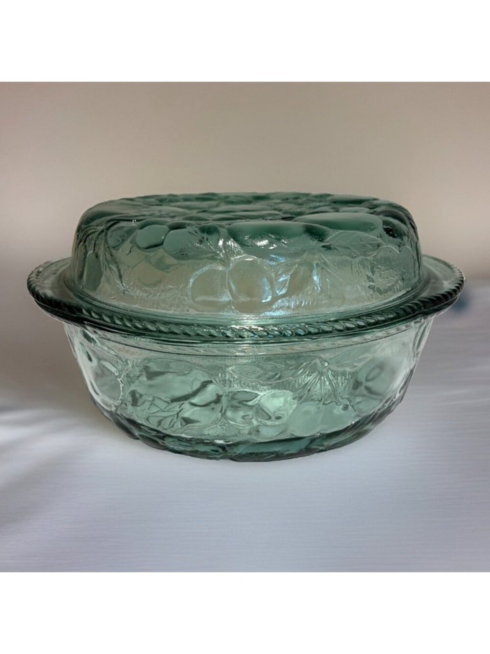 3 Qt Libbey Orchard Fruit Green Glass Casserole Baking Dish W/ Pie Plate Lid